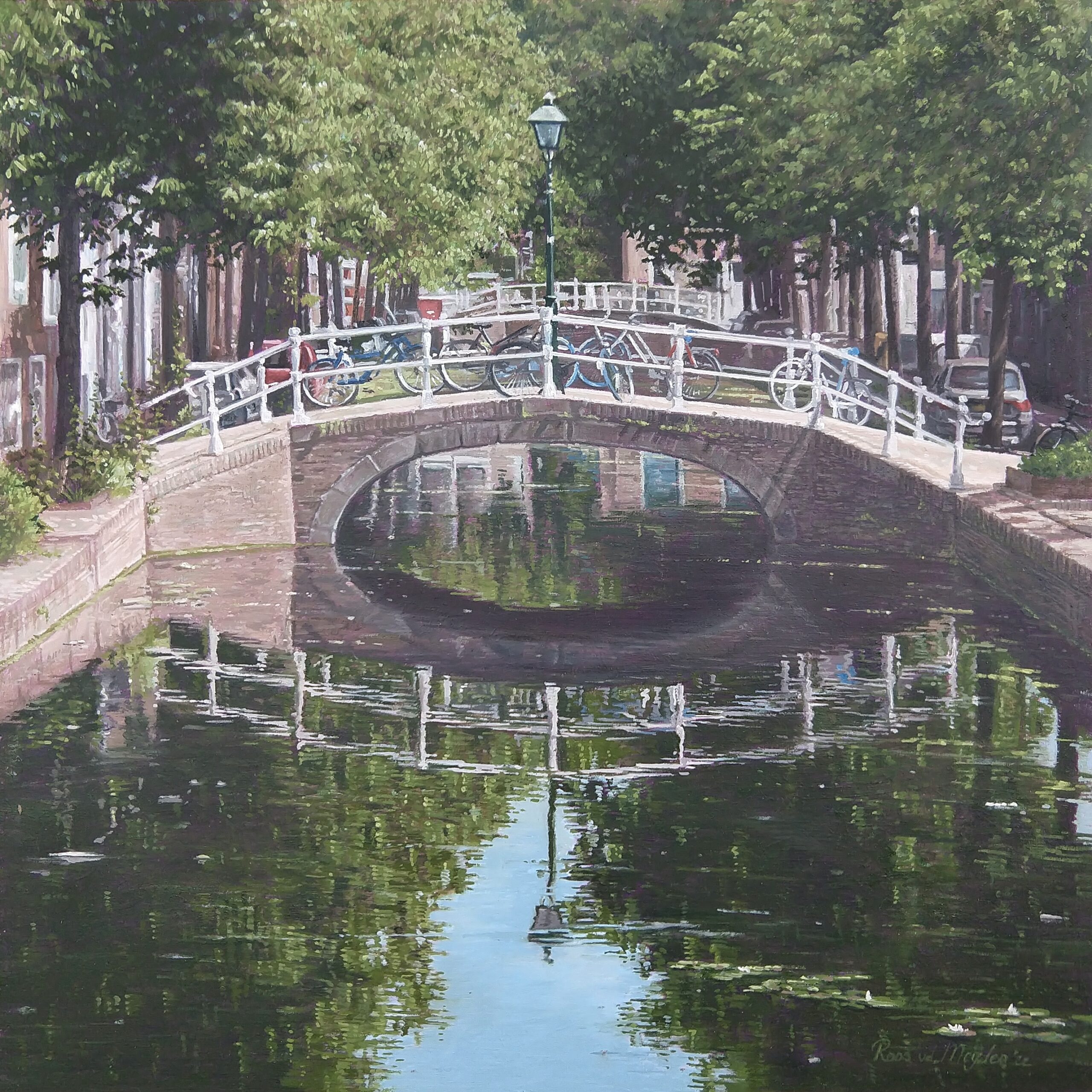fietsen in het zonlicht schilderij van Delft