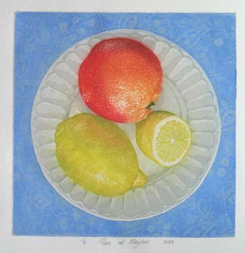 kleurenets aquatint citroen en bloedsinasappel
