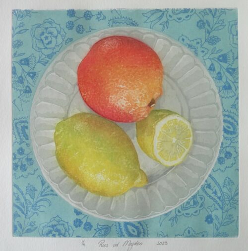 kleurenets aquatint citroen en bloedsinasappel
